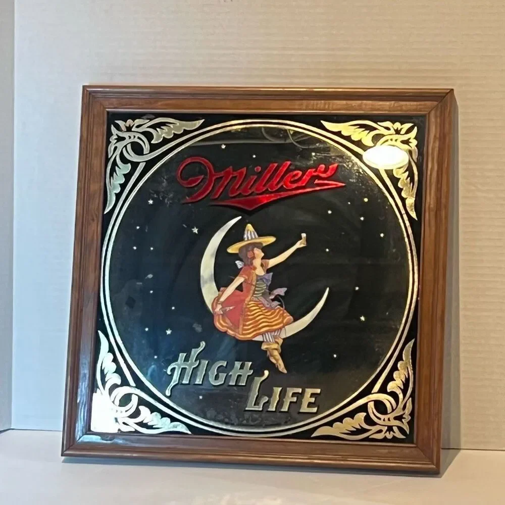 Vintage Miller High Life “Half Moon Girl” Mirror Sign 1980'S. 14”x14”